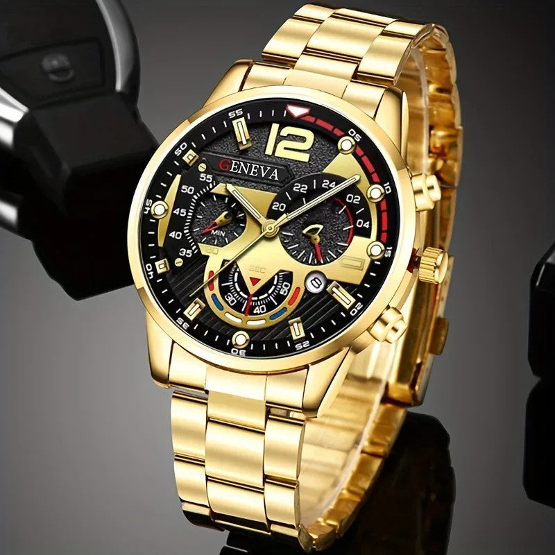 4Pcs/set Luxury Men Business Quartz Watch stainless steel Roman Calendar Wrist