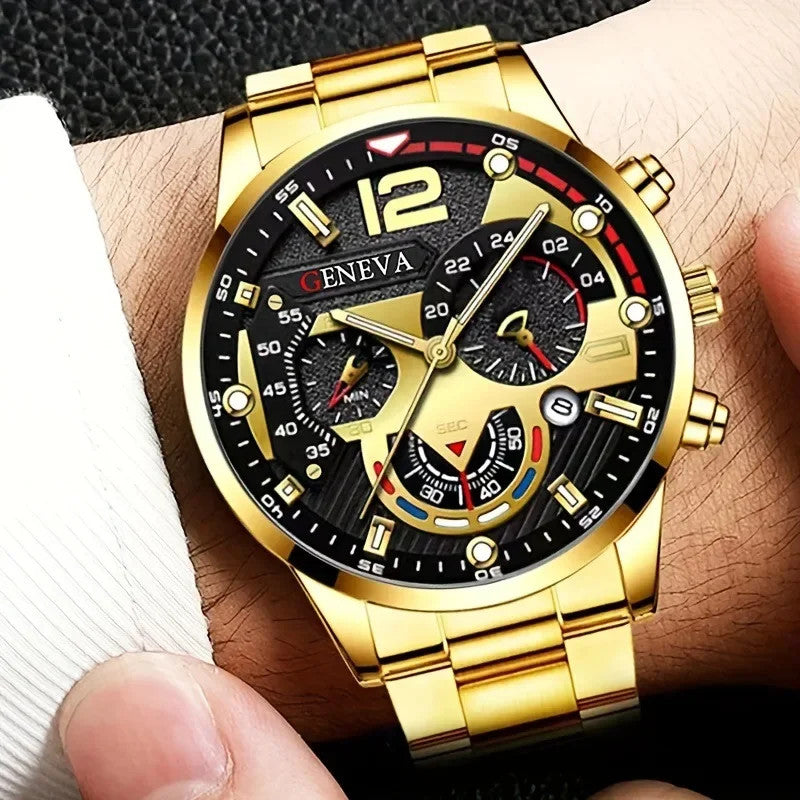 4Pcs/set Luxury Men Business Quartz Watch stainless steel Roman Calendar Wrist