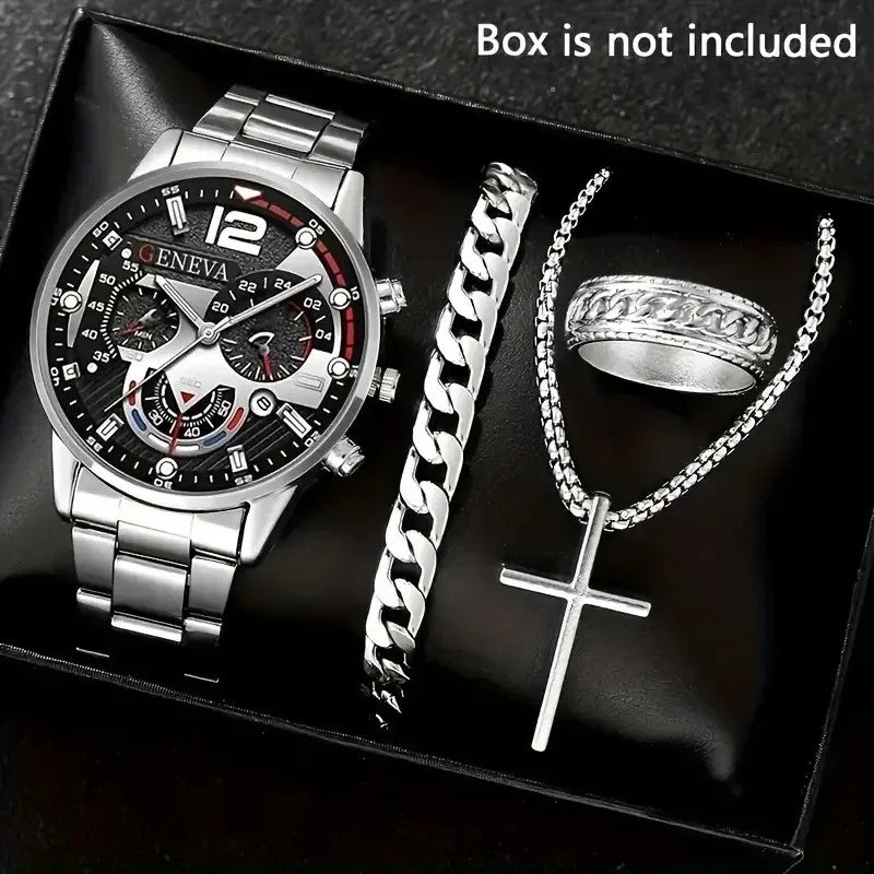 4Pcs/set Luxury Men Business Quartz Watch stainless steel Roman Calendar Wrist