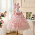 Dreamy Vow D052 Gorgeous Sleeveless Flower-Adorned Tiered Tulle Flower Girl Dress With Bow Kids Wedding Birthday Evening Prom