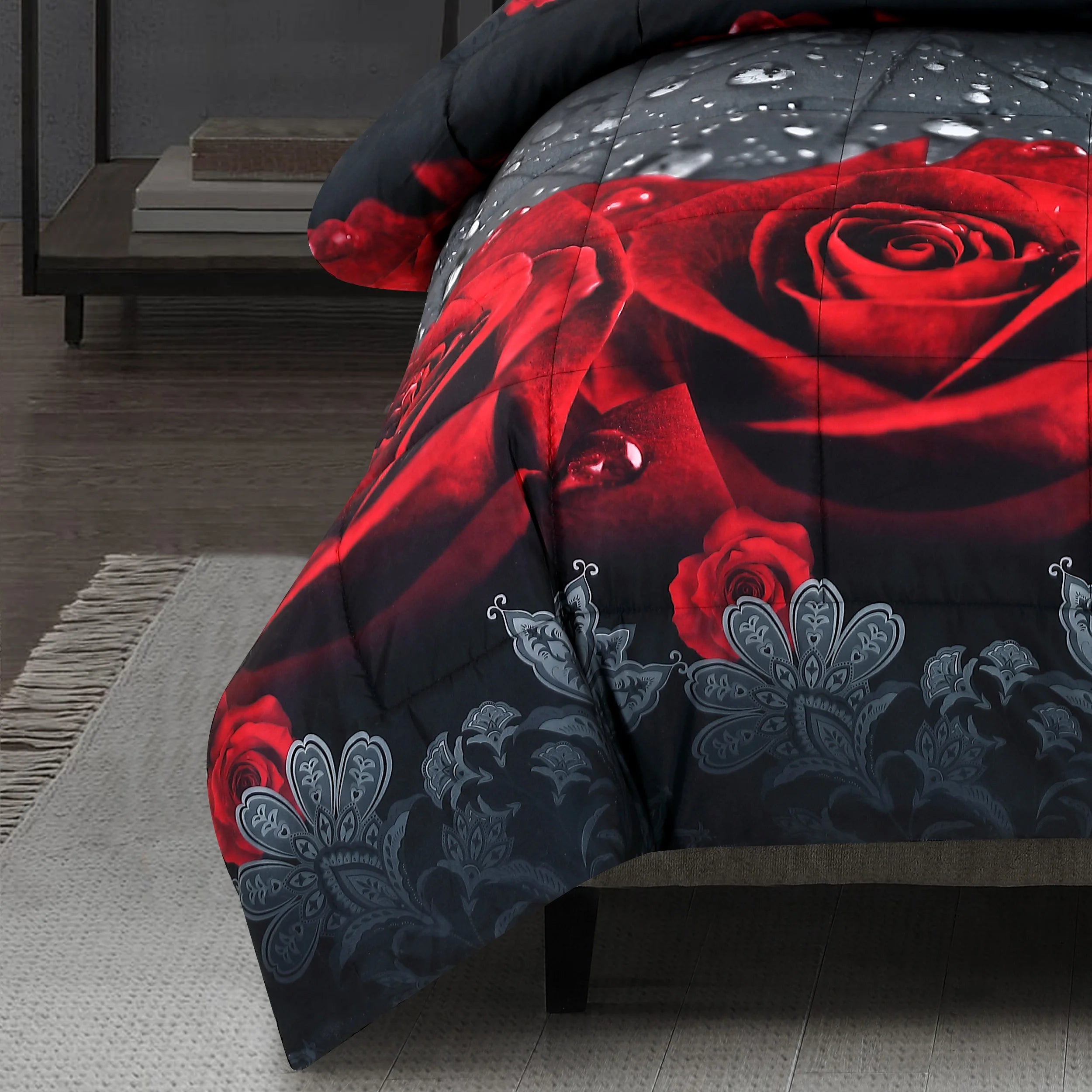 3D Red Rose Printed Comforter Set 3 Piece Queen Size Soft Microfiber Bedding Set Romantic Floral Bed Set with Pillowcases
