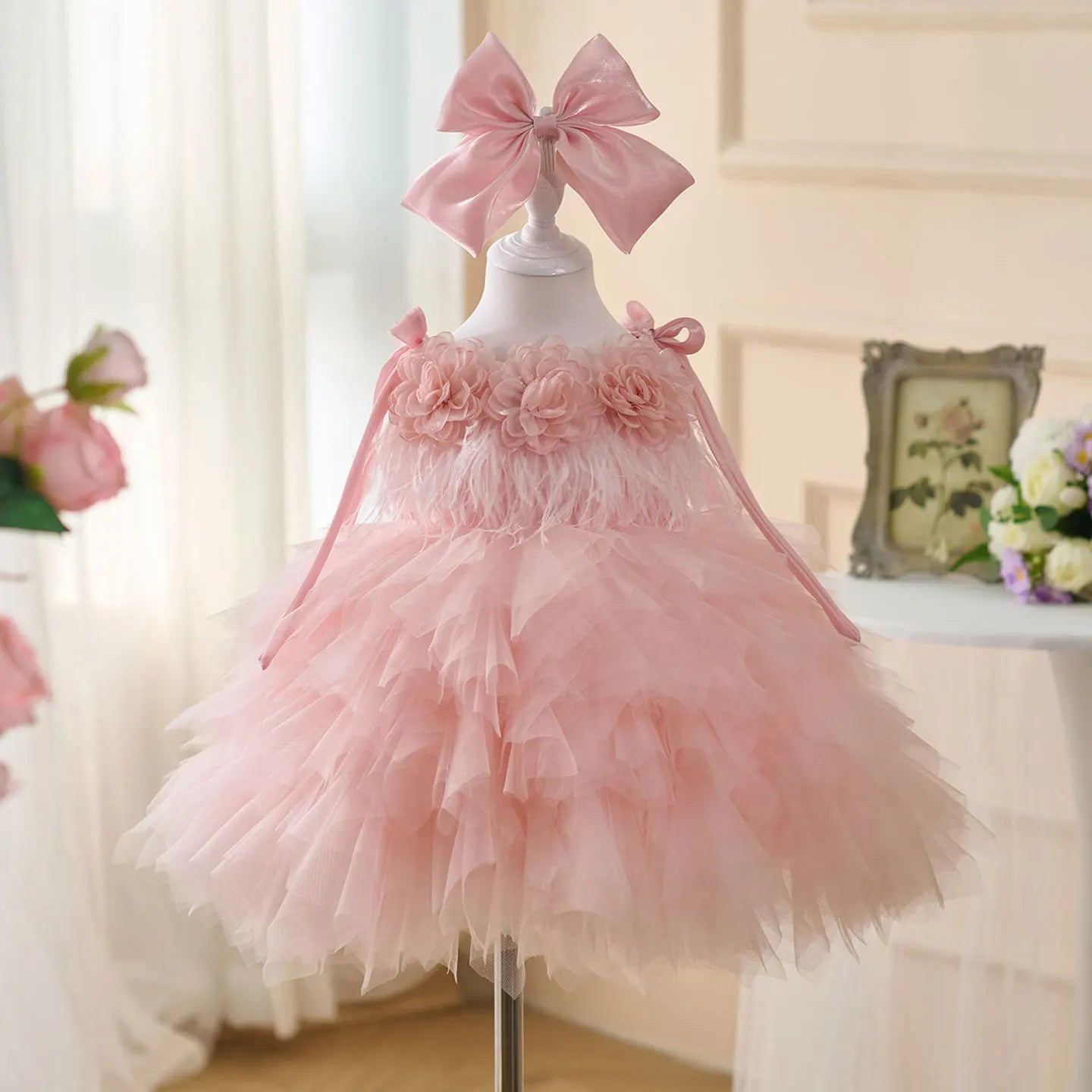 Dreamy Vow D052 Gorgeous Sleeveless Flower-Adorned Tiered Tulle Flower Girl Dress With Bow Kids Wedding Birthday Evening Prom