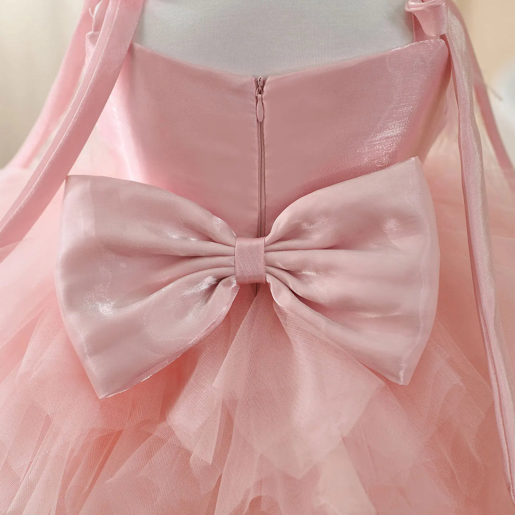 Dreamy Vow D052 Gorgeous Sleeveless Flower-Adorned Tiered Tulle Flower Girl Dress With Bow Kids Wedding Birthday Evening Prom