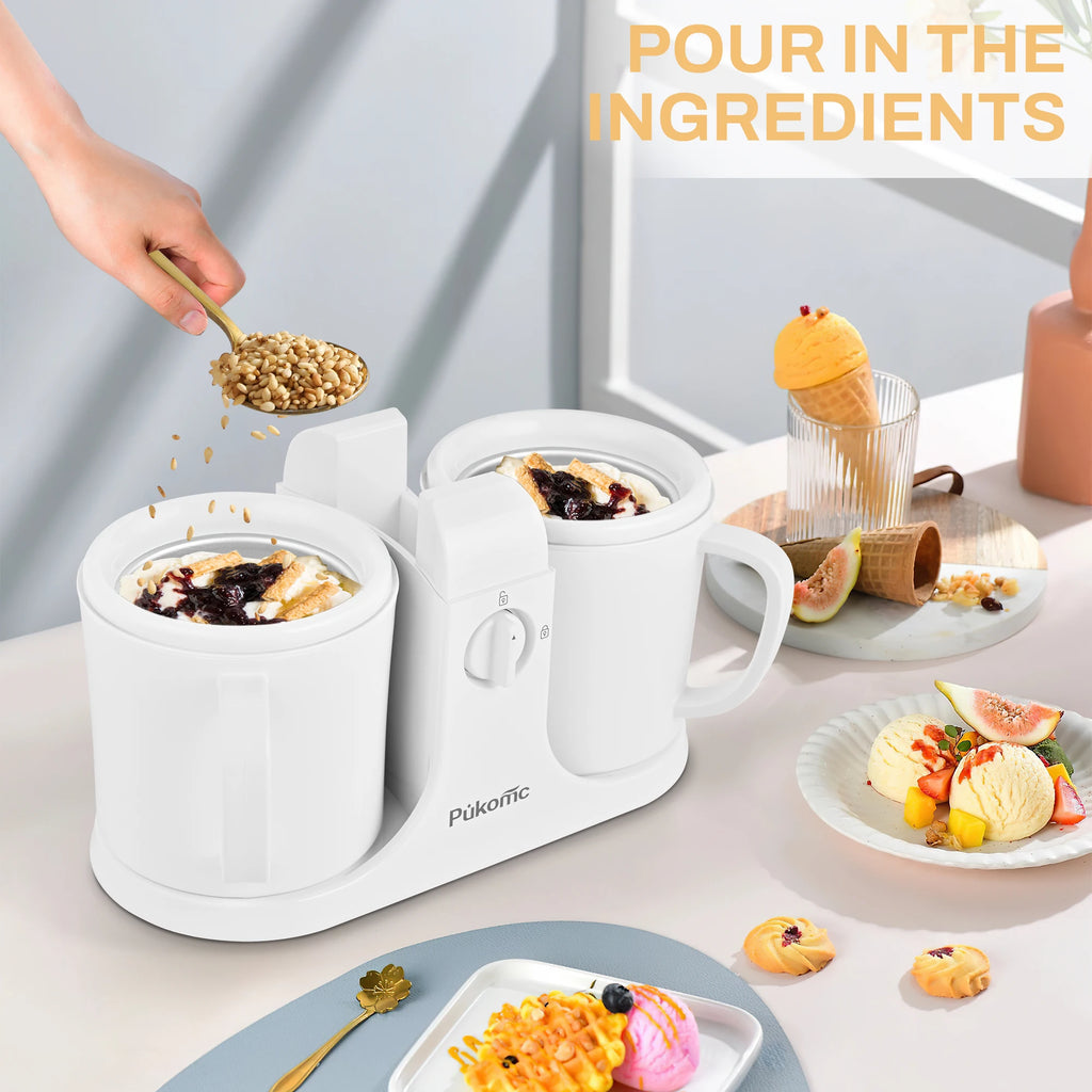 Dual-Cup Ice Cream & Popsicle Maker, DIY Homemade Frozen Dessert, Add Fruits & Powdered Sugar for Custom Flavors, Easy to Use