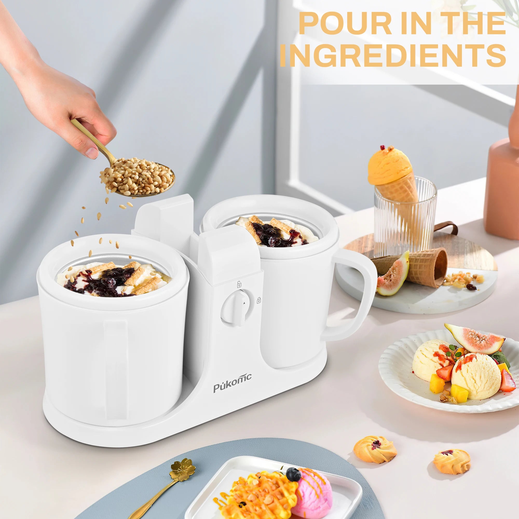 Dual-Cup Ice Cream & Popsicle Maker, DIY Homemade Frozen Dessert, Add Fruits & Powdered Sugar for Custom Flavors, Easy to Use
