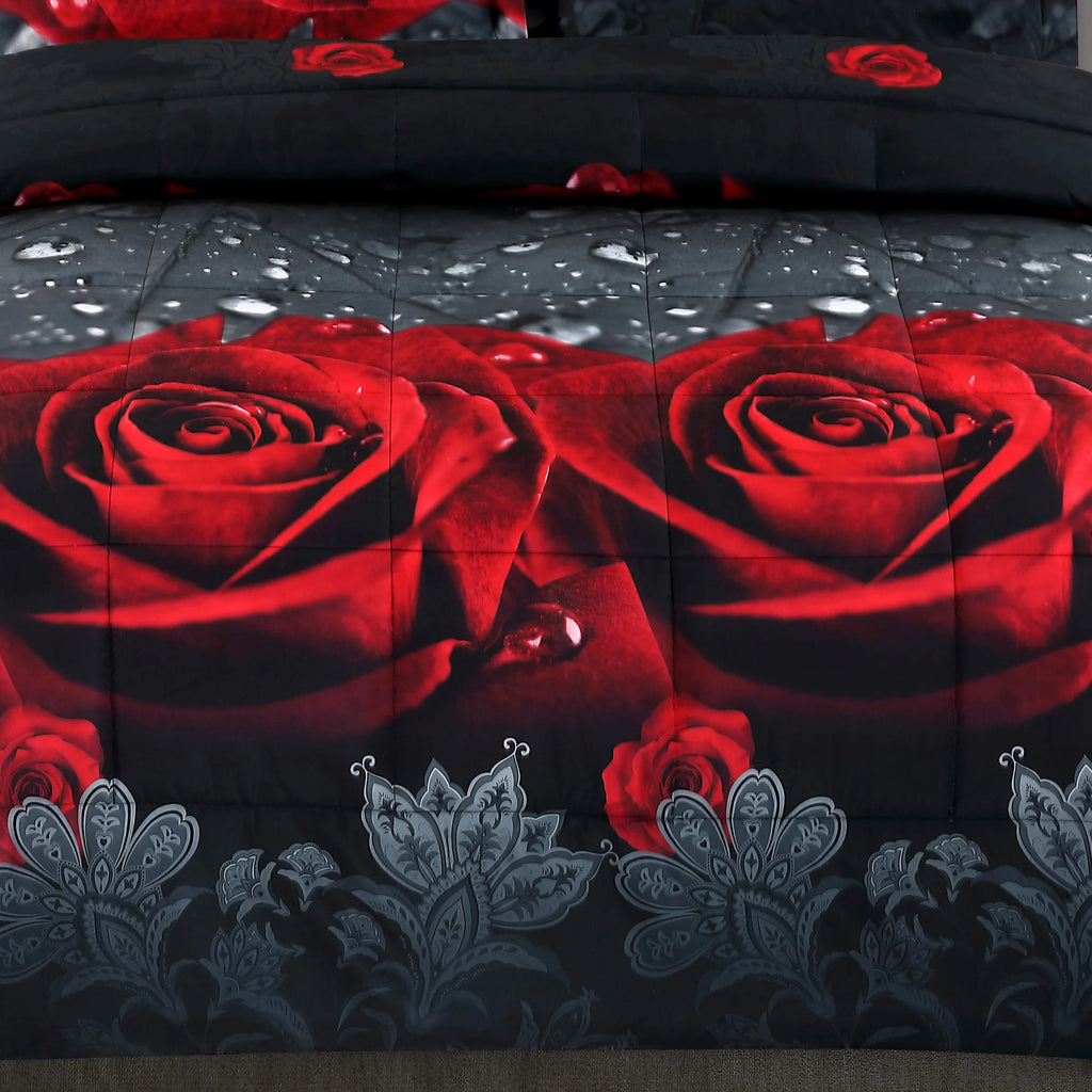 3D Red Rose Printed Comforter Set 3 Piece Queen Size Soft Microfiber Bedding Set Romantic Floral Bed Set with Pillowcases