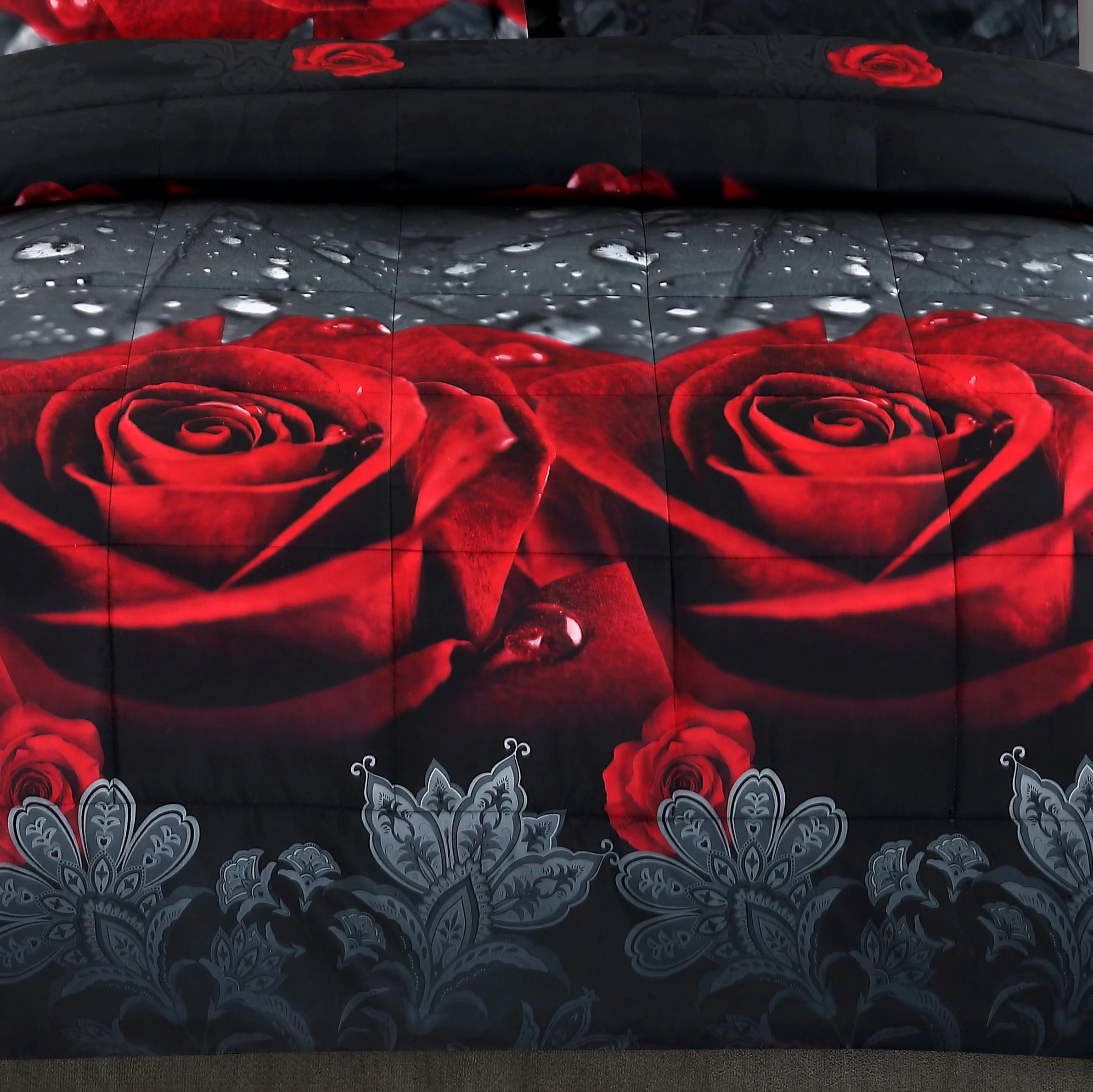 3D Red Rose Printed Comforter Set 3 Piece Queen Size Soft Microfiber Bedding Set Romantic Floral Bed Set with Pillowcases