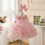 Dreamy Vow D052 Gorgeous Sleeveless Flower-Adorned Tiered Tulle Flower Girl Dress With Bow Kids Wedding Birthday Evening Prom