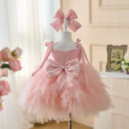 Dreamy Vow D052 Gorgeous Sleeveless Flower-Adorned Tiered Tulle Flower Girl Dress With Bow Kids Wedding Birthday Evening Prom