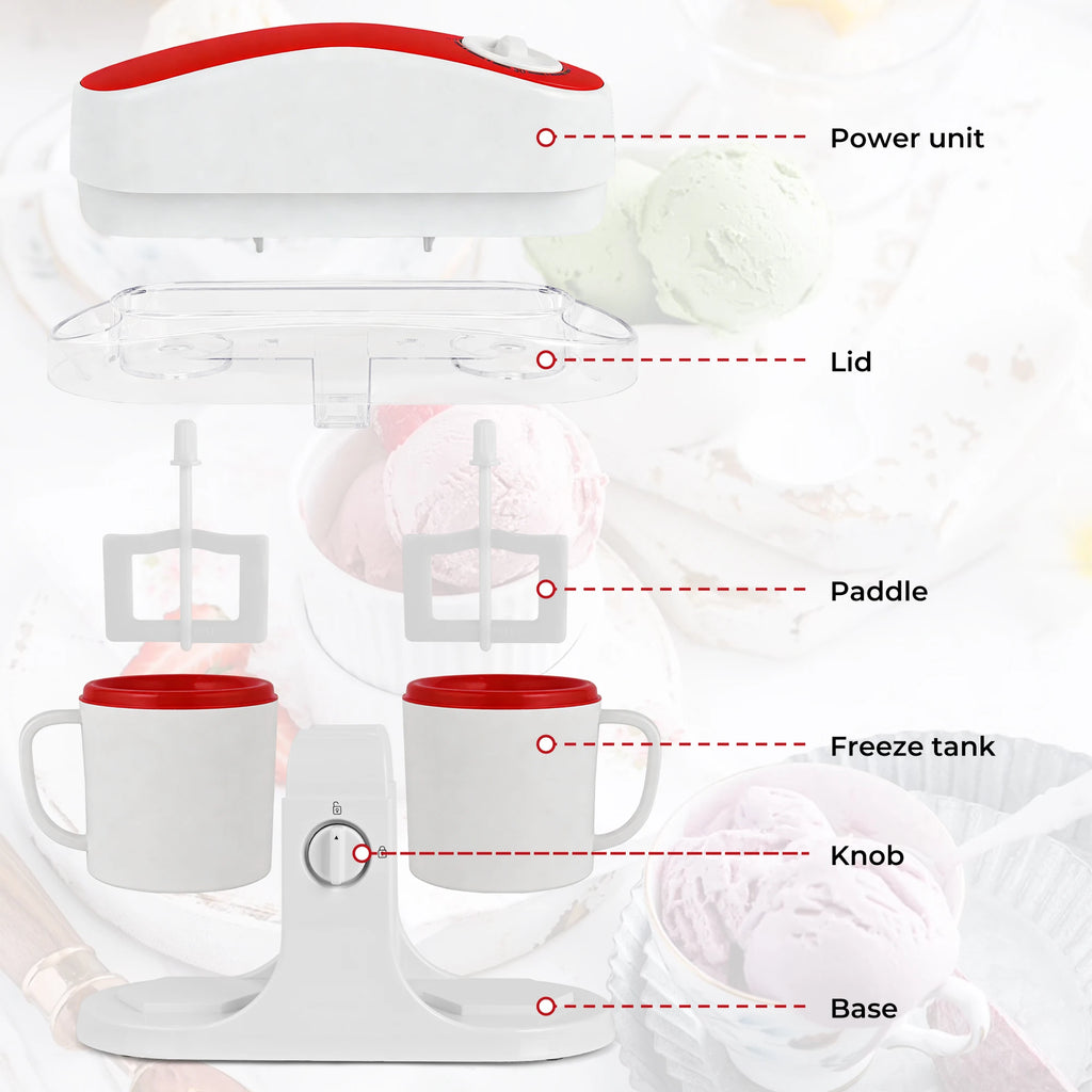 Dual-Cup Ice Cream & Popsicle Maker, DIY Homemade Frozen Dessert, Add Fruits & Powdered Sugar for Custom Flavors, Easy to Use