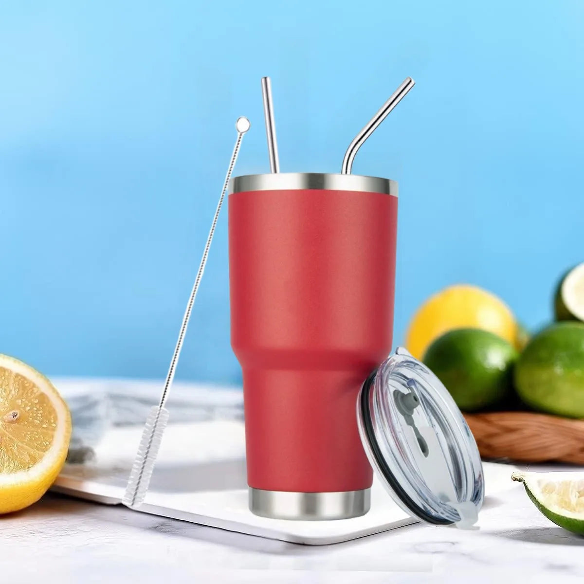 30oz Tumbler Double Wall Stainless Steel Vacuum Insulated Travel Mug With Splash-Proof Lid Metal Straw and Brush
