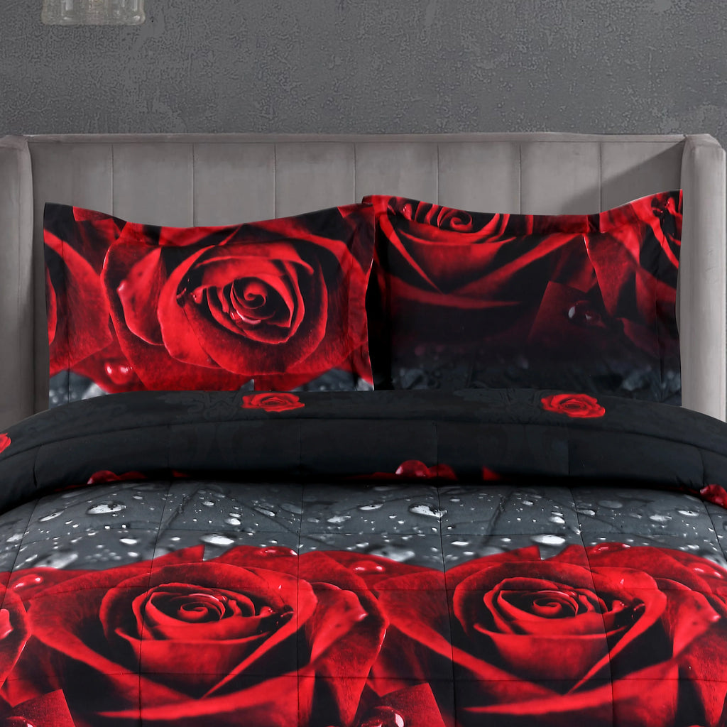 3D Red Rose Printed Comforter Set 3 Piece Queen Size Soft Microfiber Bedding Set Romantic Floral Bed Set with Pillowcases