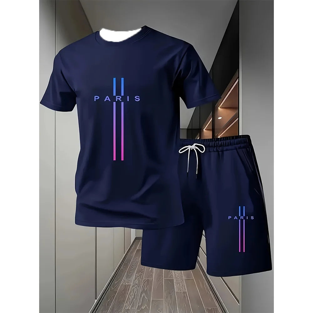 Men's Summer Running Sports O-neck Short Sleeved T-shirt Shorts Two-piece Set Quick Drying Sports Suit Thin Running Clothing