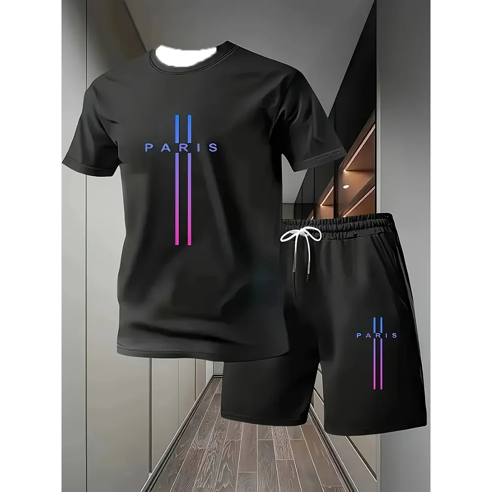 Men's Summer Running Sports O-neck Short Sleeved T-shirt Shorts Two-piece Set Quick Drying Sports Suit Thin Running Clothing