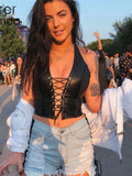 Sisterlinda Sexy Punk Y2K Black PU Leather Crop Top Womens Sleeveless Deep V Neck Backless Camisole Fashion Party Club Vests2021