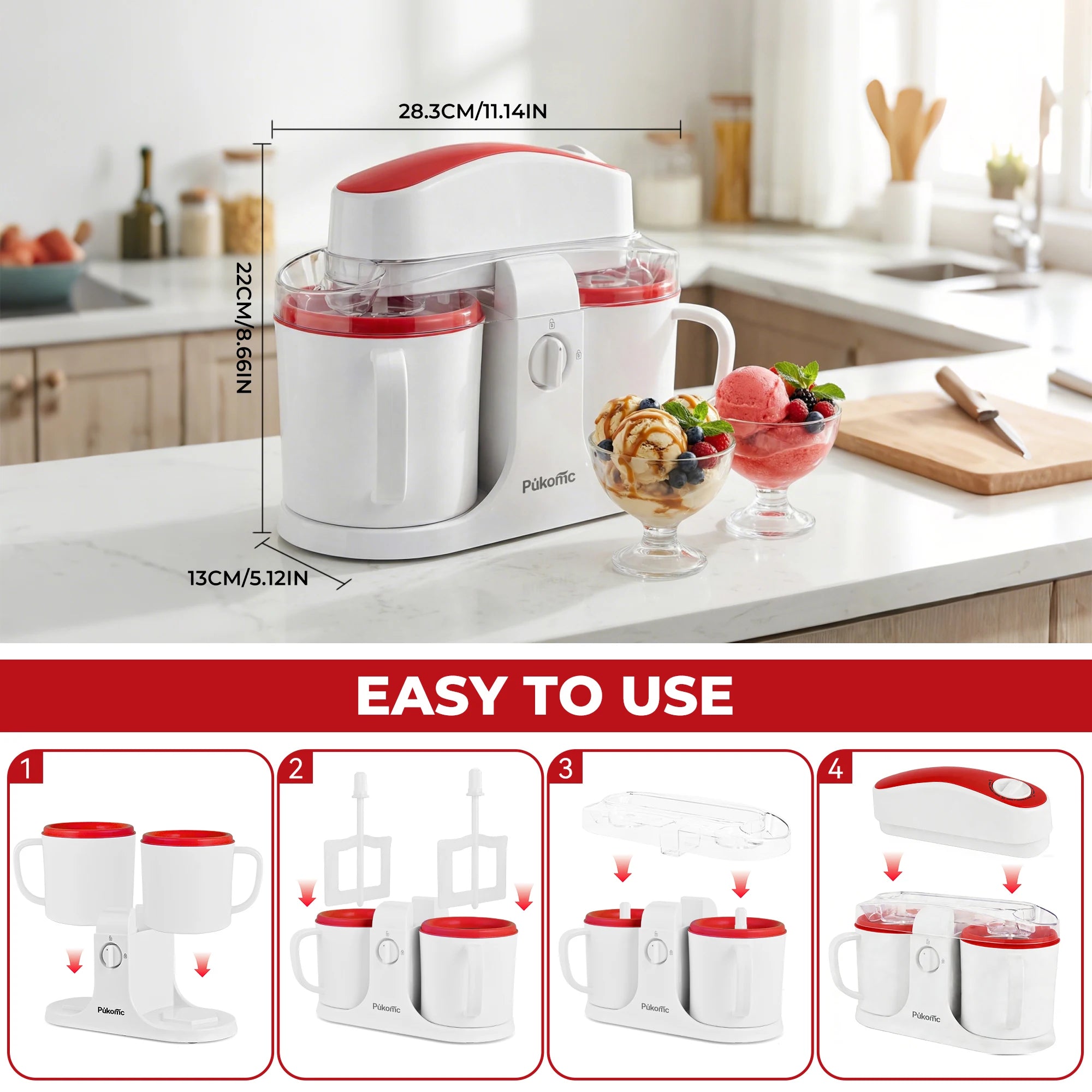 Dual-Cup Ice Cream & Popsicle Maker, DIY Homemade Frozen Dessert, Add Fruits & Powdered Sugar for Custom Flavors, Easy to Use