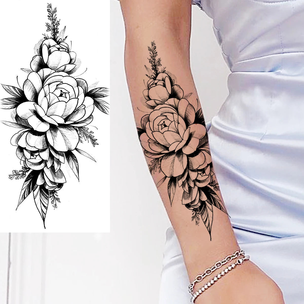 Black Realistic Rose Flower Temporary Tattoos For Women Adult Girl Peony Realistic Fake Tattoowashable Half Sleeve Tatoos Decal
