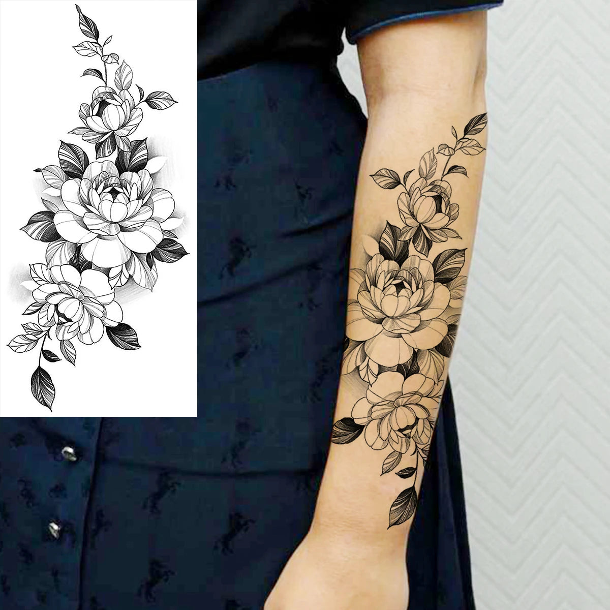 Black Realistic Rose Flower Temporary Tattoos For Women Adult Girl Peony Realistic Fake Tattoowashable Half Sleeve Tatoos Decal