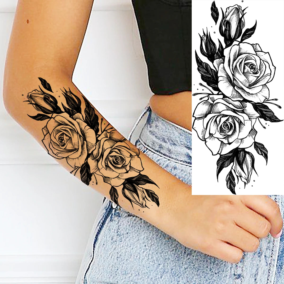 Black Realistic Rose Flower Temporary Tattoos For Women Adult Girl Peony Realistic Fake Tattoowashable Half Sleeve Tatoos Decal