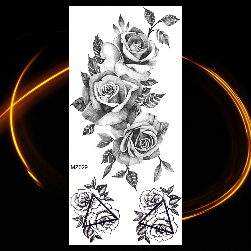 Black Realistic Rose Flower Temporary Tattoos For Women Adult Girl Peony Realistic Fake Tattoowashable Half Sleeve Tatoos Decal