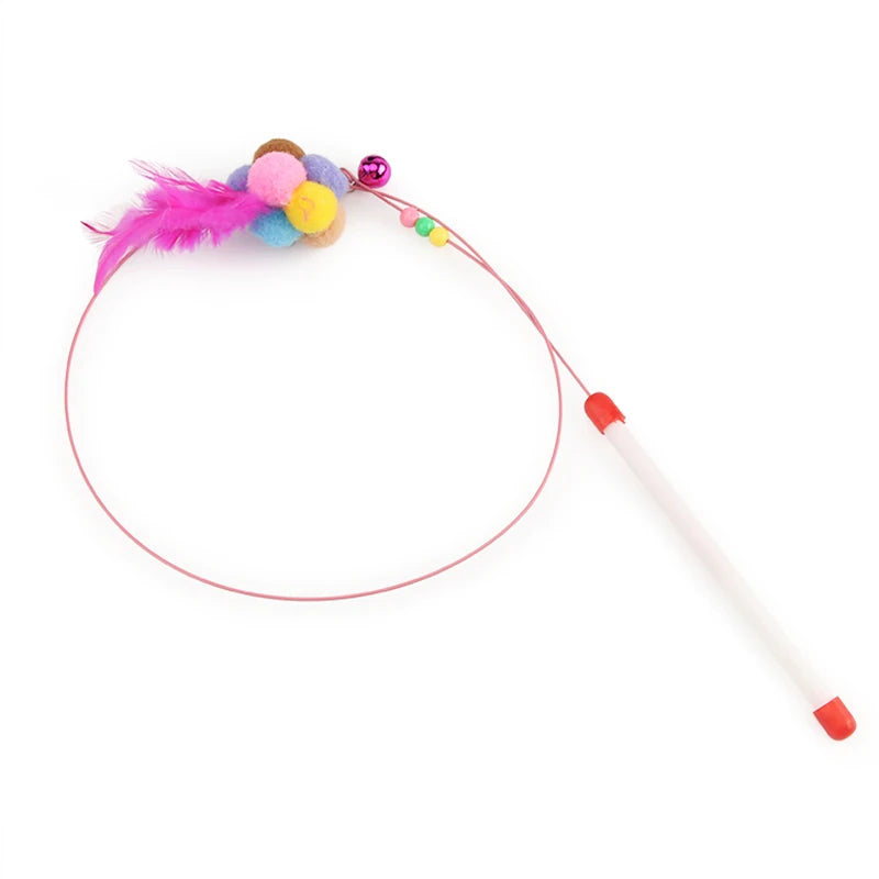 Steel Wire Teasing Cat Stick Long Fish Mouse Ball Feather with Bell Pet Toys Interactive Funny Cat Toy Wand