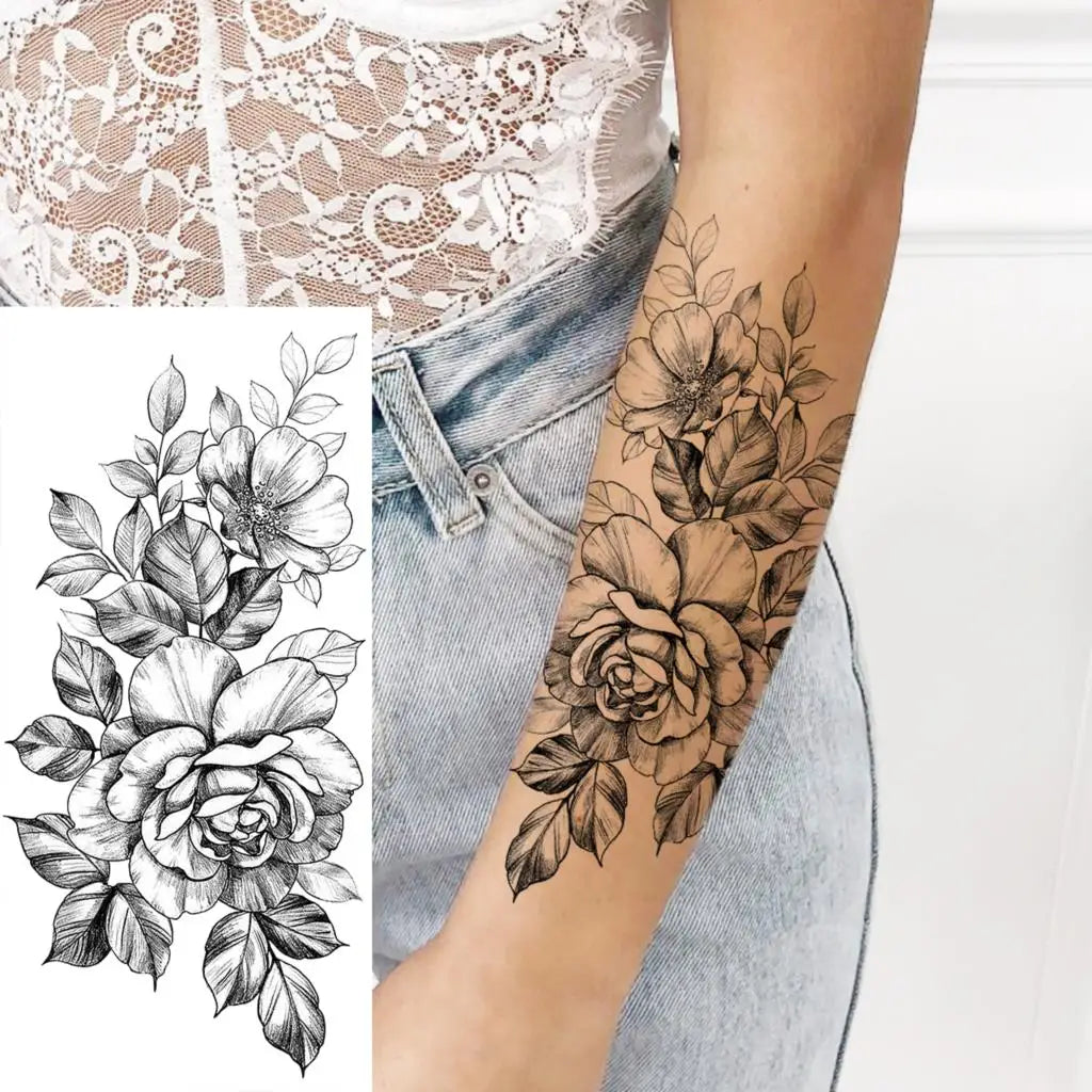 Black Realistic Rose Flower Temporary Tattoos For Women Adult Girl Peony Realistic Fake Tattoowashable Half Sleeve Tatoos Decal