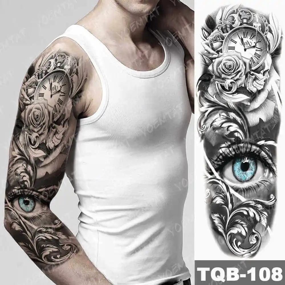 Large Arm Sleeve Tattoo Gun Rose Lion Waterproof Temporary Tattoo Sticker Clock Flower Waist Leg Body Art Full Fake Tatoo Women