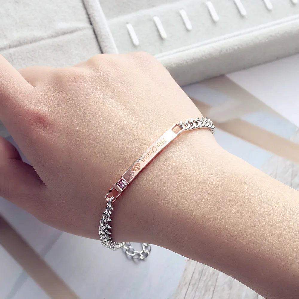 1PC Fashion Stainless Steel Couple Bracelets Men and Women Love Bangle His Queen Her King Crystal Crown Jewelry Valentine Gift