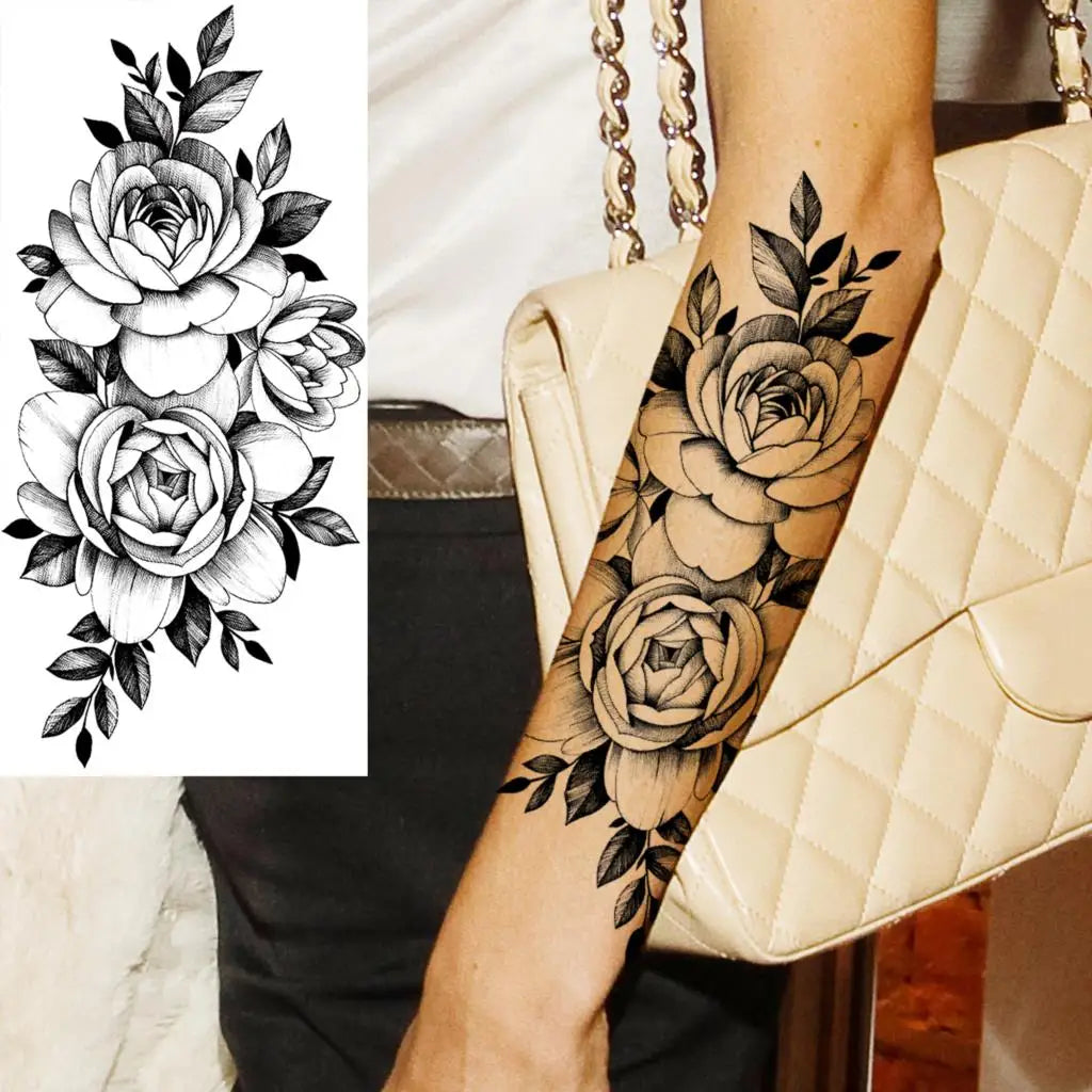 Black Realistic Rose Flower Temporary Tattoos For Women Adult Girl Peony Realistic Fake Tattoowashable Half Sleeve Tatoos Decal