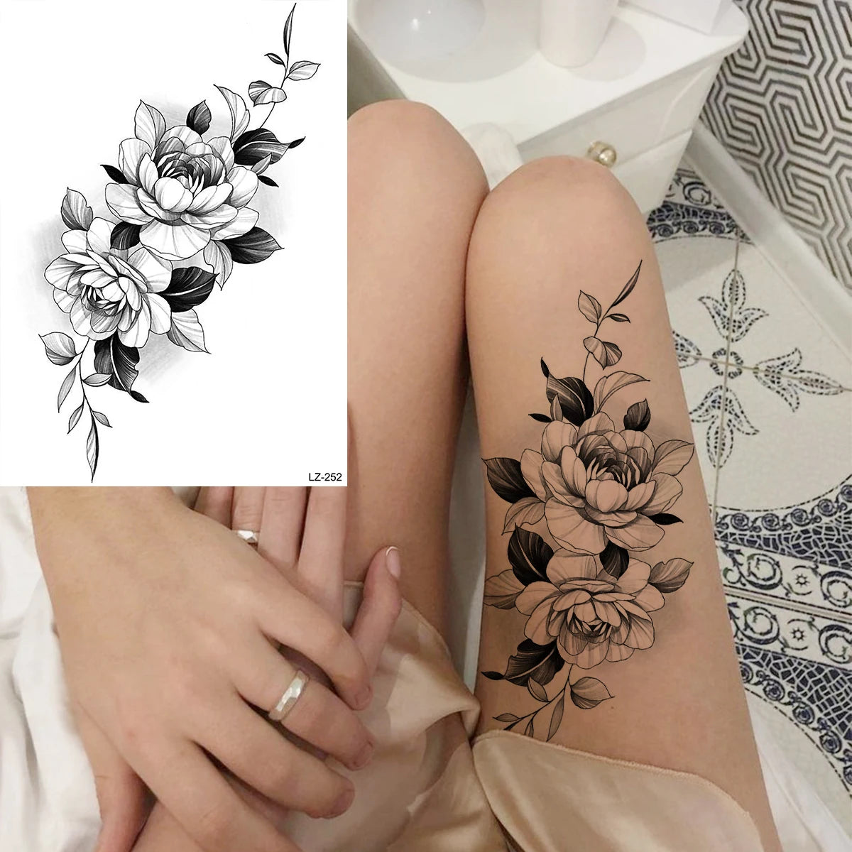 Black Rose Flower Sexy Temporary Tattoos For Women Adult Thigh Peony Skull Realistic Fake Tattoo Sexy Washable Tatoos Sticker