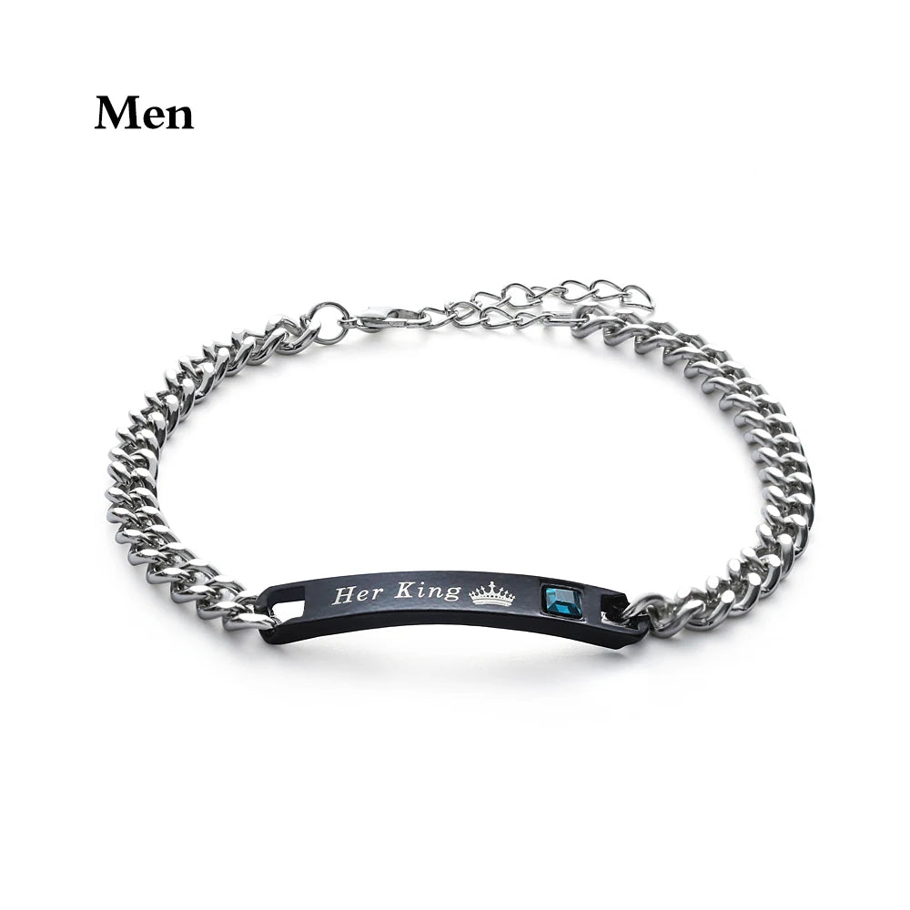 1PC Fashion Stainless Steel Couple Bracelets Men and Women Love Bangle His Queen Her King Crystal Crown Jewelry Valentine Gift