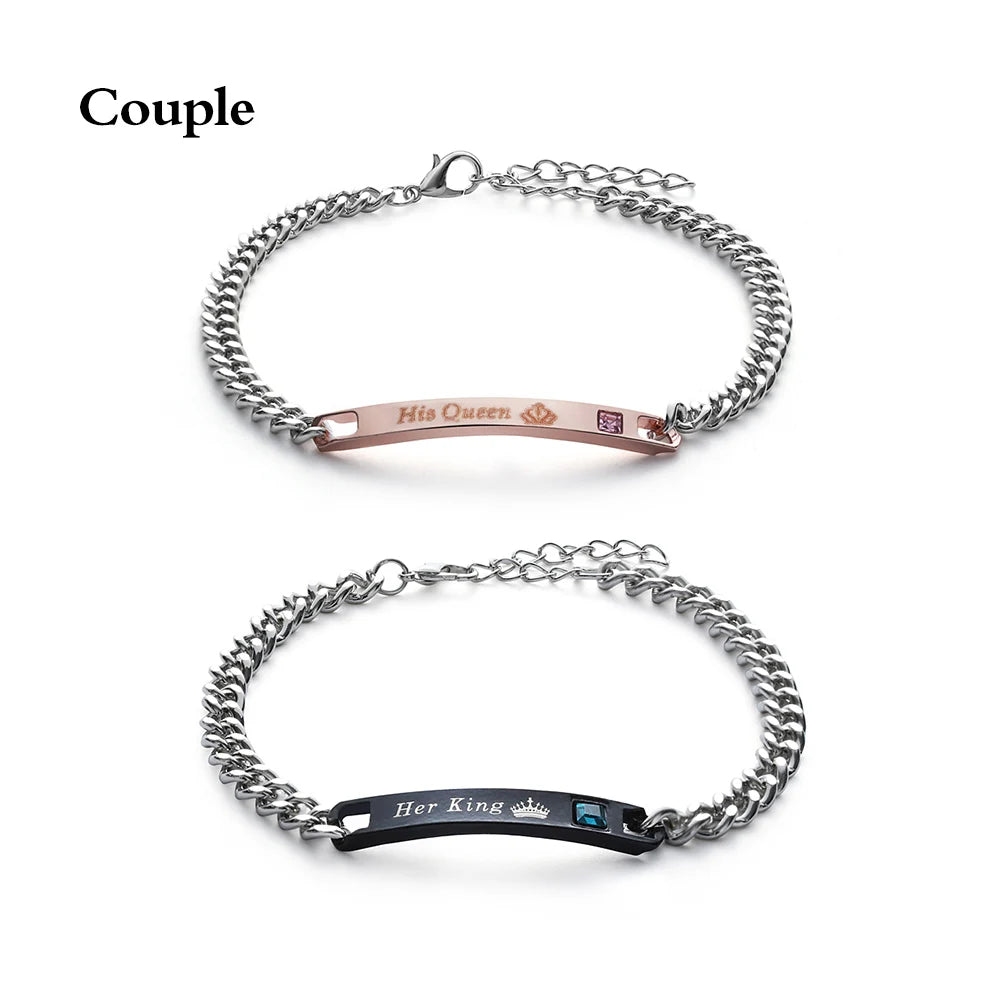 1PC Fashion Stainless Steel Couple Bracelets Men and Women Love Bangle His Queen Her King Crystal Crown Jewelry Valentine Gift