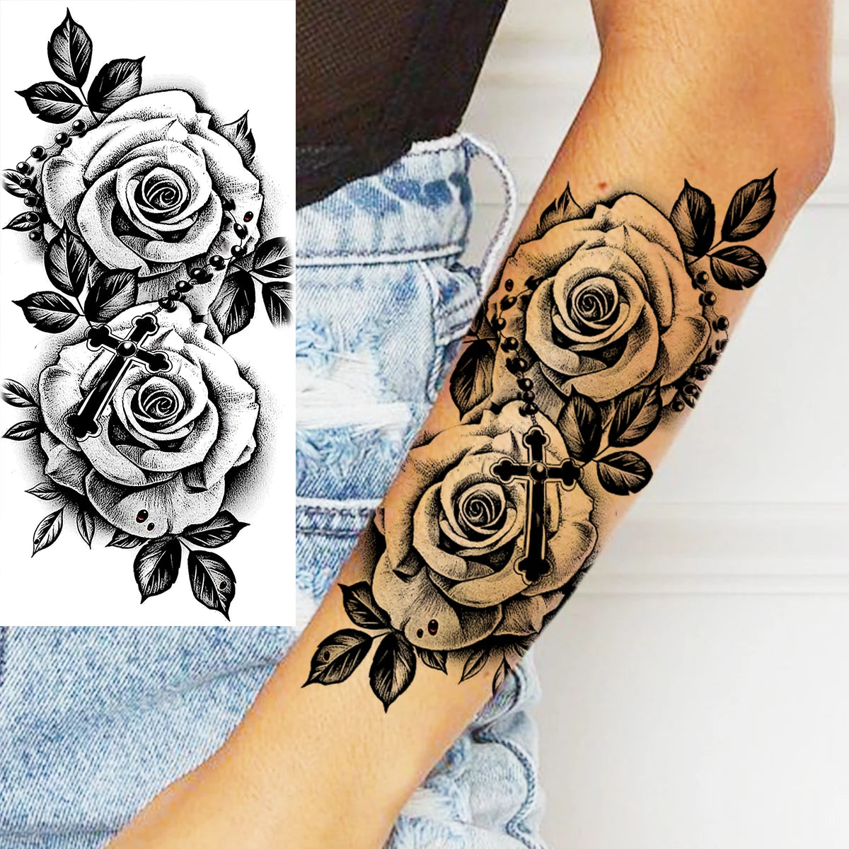 Black Realistic Rose Flower Temporary Tattoos For Women Adult Girl Peony Realistic Fake Tattoowashable Half Sleeve Tatoos Decal