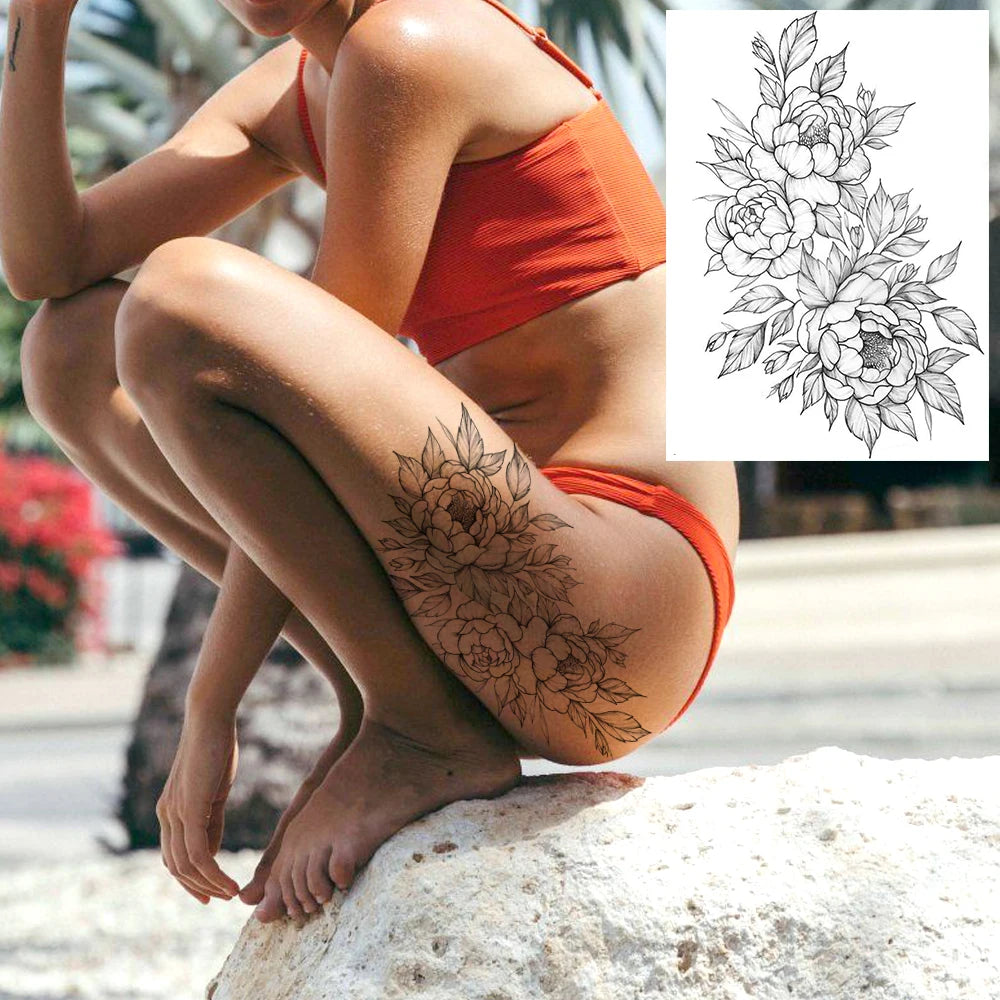 Realistic Sexy Peony Tattoos Temporary Women Adult Flower Arm Tattoos Sticker Waterproof Fake Floral Bloosom Body Leg Art Tatoos