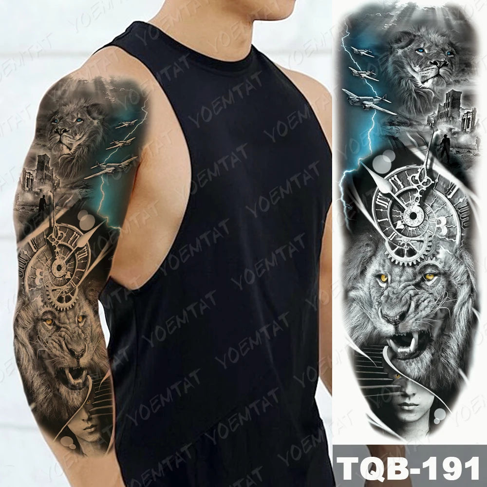 Large Arm Sleeve Tattoo Gun Rose Lion Waterproof Temporary Tattoo Sticker Clock Flower Waist Leg Body Art Full Fake Tatoo Women