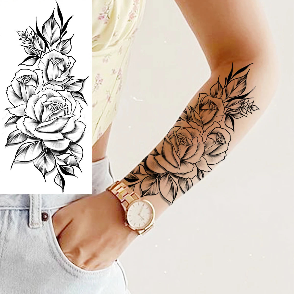 Black Realistic Rose Flower Temporary Tattoos For Women Adult Girl Peony Realistic Fake Tattoowashable Half Sleeve Tatoos Decal