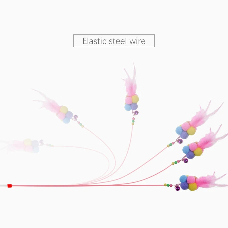 Steel Wire Teasing Cat Stick Long Fish Mouse Ball Feather with Bell Pet Toys Interactive Funny Cat Toy Wand