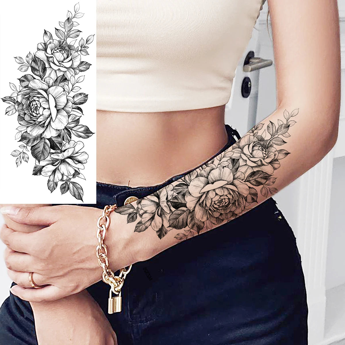 Black Realistic Rose Flower Temporary Tattoos For Women Adult Girl Peony Realistic Fake Tattoowashable Half Sleeve Tatoos Decal