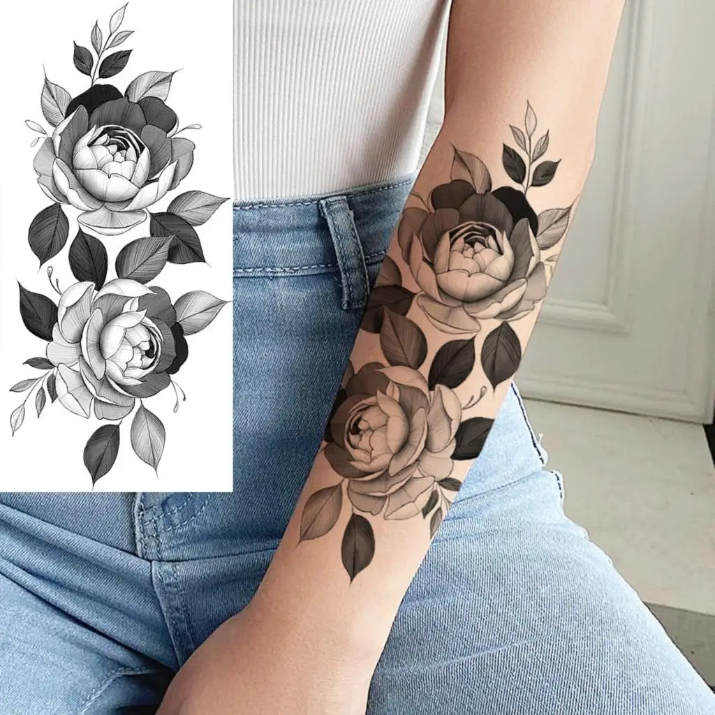 Black Realistic Rose Flower Temporary Tattoos For Women Adult Girl Peony Realistic Fake Tattoowashable Half Sleeve Tatoos Decal