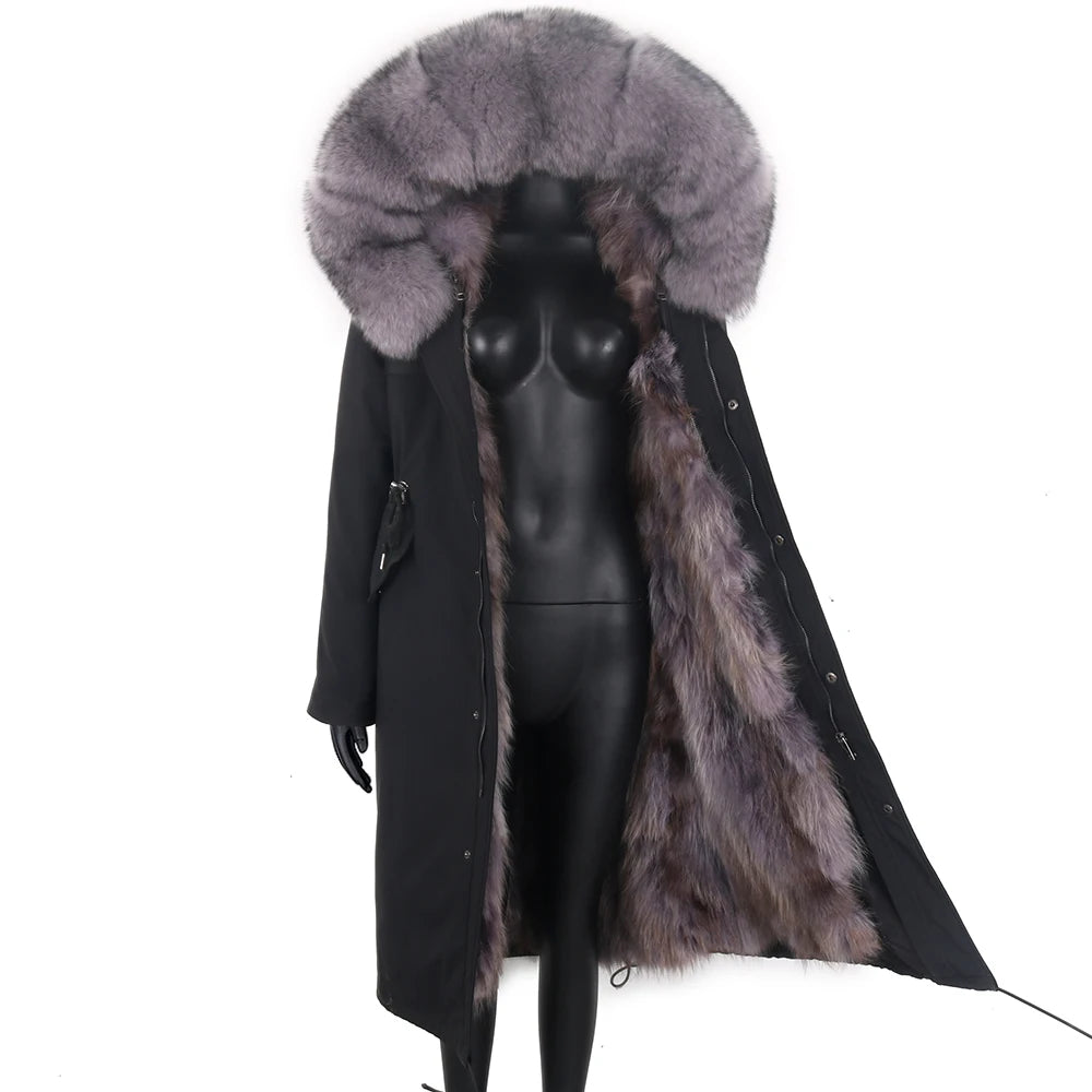 2024 New Winter Jacket Women X-Long Parka Waterproof Big Natural Raccoon Fur Collar Hood Real Fur Coat Thick Warm Real Fox Fur