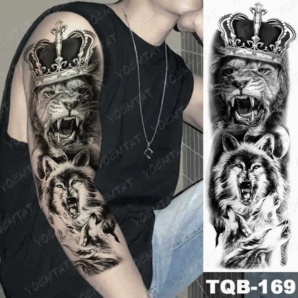 Large Arm Sleeve Tattoo Gun Rose Lion Waterproof Temporary Tattoo Sticker Clock Flower Waist Leg Body Art Full Fake Tatoo Women