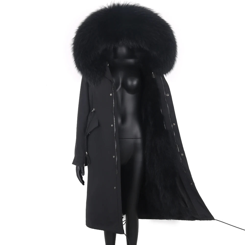 2024 New Winter Jacket Women X-Long Parka Waterproof Big Natural Raccoon Fur Collar Hood Real Fur Coat Thick Warm Real Fox Fur
