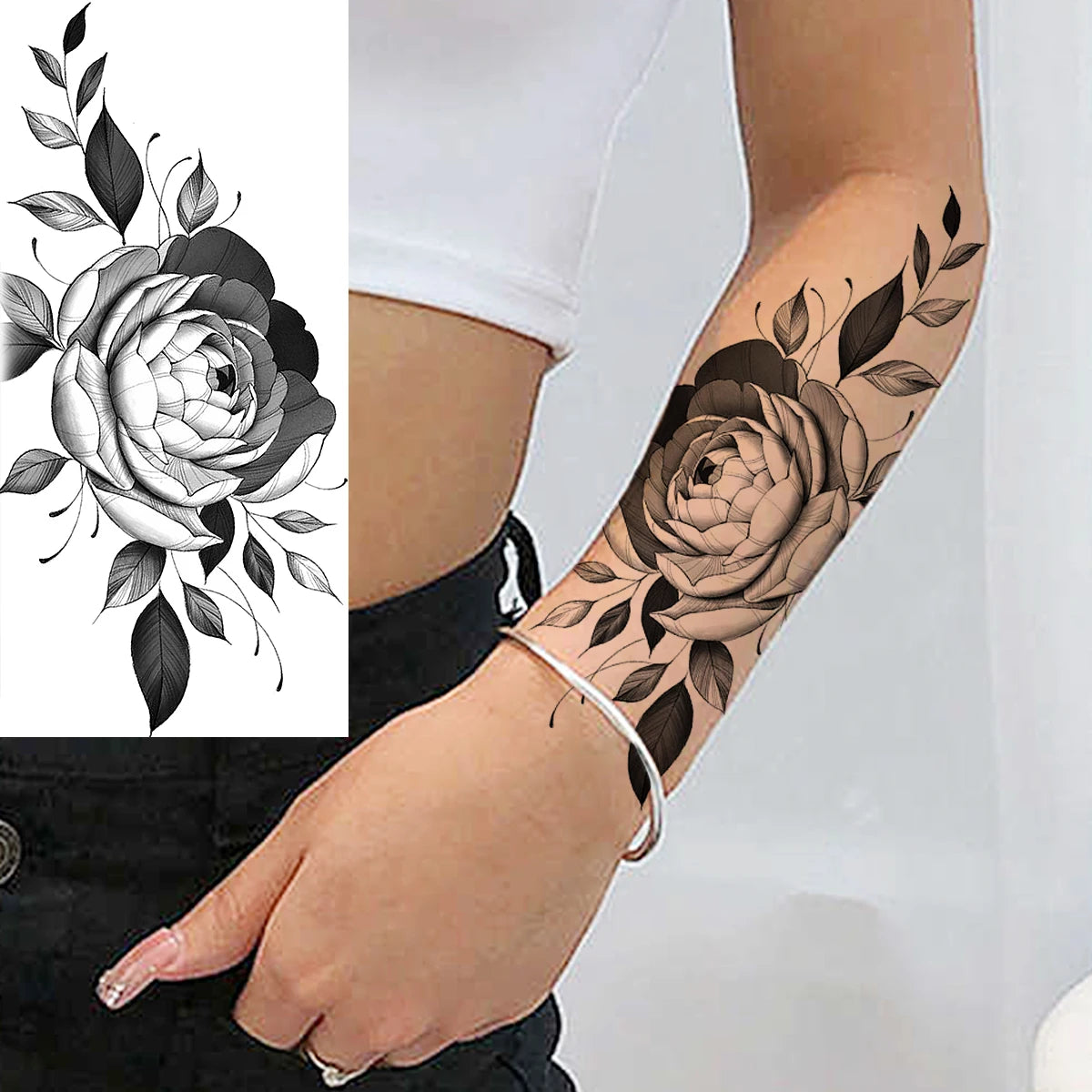 Black Realistic Rose Flower Temporary Tattoos For Women Adult Girl Peony Realistic Fake Tattoowashable Half Sleeve Tatoos Decal