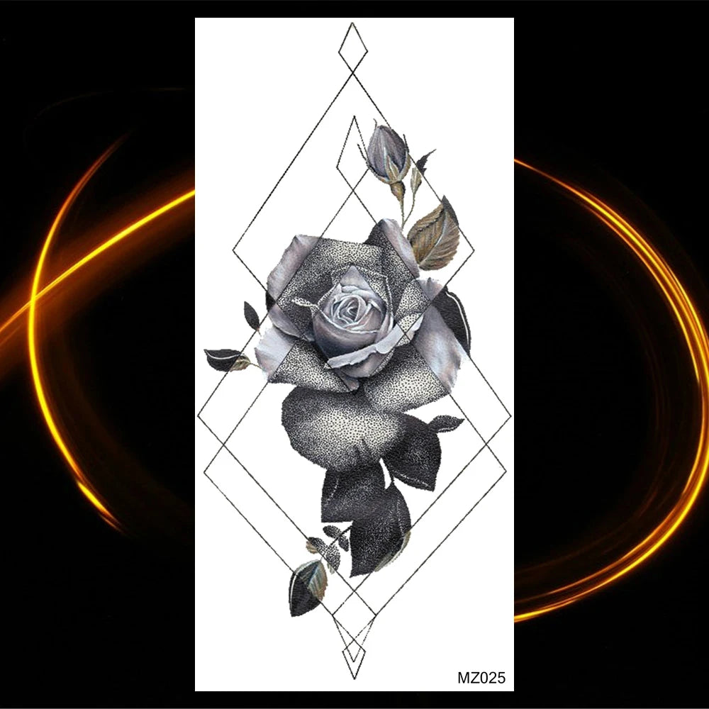 Black Realistic Rose Flower Temporary Tattoos For Women Adult Girl Peony Realistic Fake Tattoowashable Half Sleeve Tatoos Decal