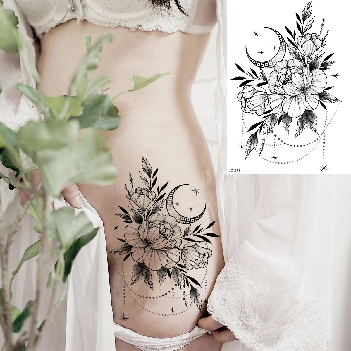 Black Rose Flower Sexy Temporary Tattoos For Women Adult Thigh Peony Skull Realistic Fake Tattoo Sexy Washable Tatoos Sticker