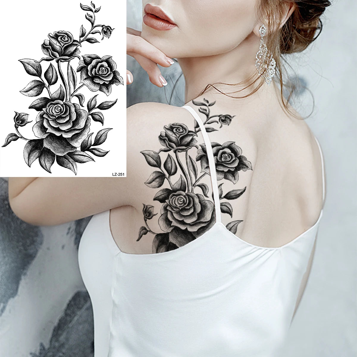Black Rose Flower Sexy Temporary Tattoos For Women Adult Thigh Peony Skull Realistic Fake Tattoo Sexy Washable Tatoos Sticker