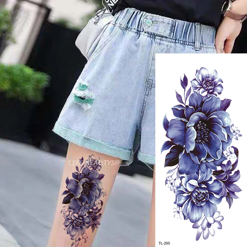 Beauty Flower Diamond Black Rose Waterproof Temporary Tattoo Body Art Arm Sleeve Water Transfer Fake Women Decoration Sticker