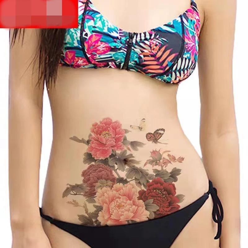 Peony Flower Waterproof Temporary Tattoo Stickers Women Sexy Butterfly Art Fake Tattoo Big Picture Back Cover Scar  Arm Sticker