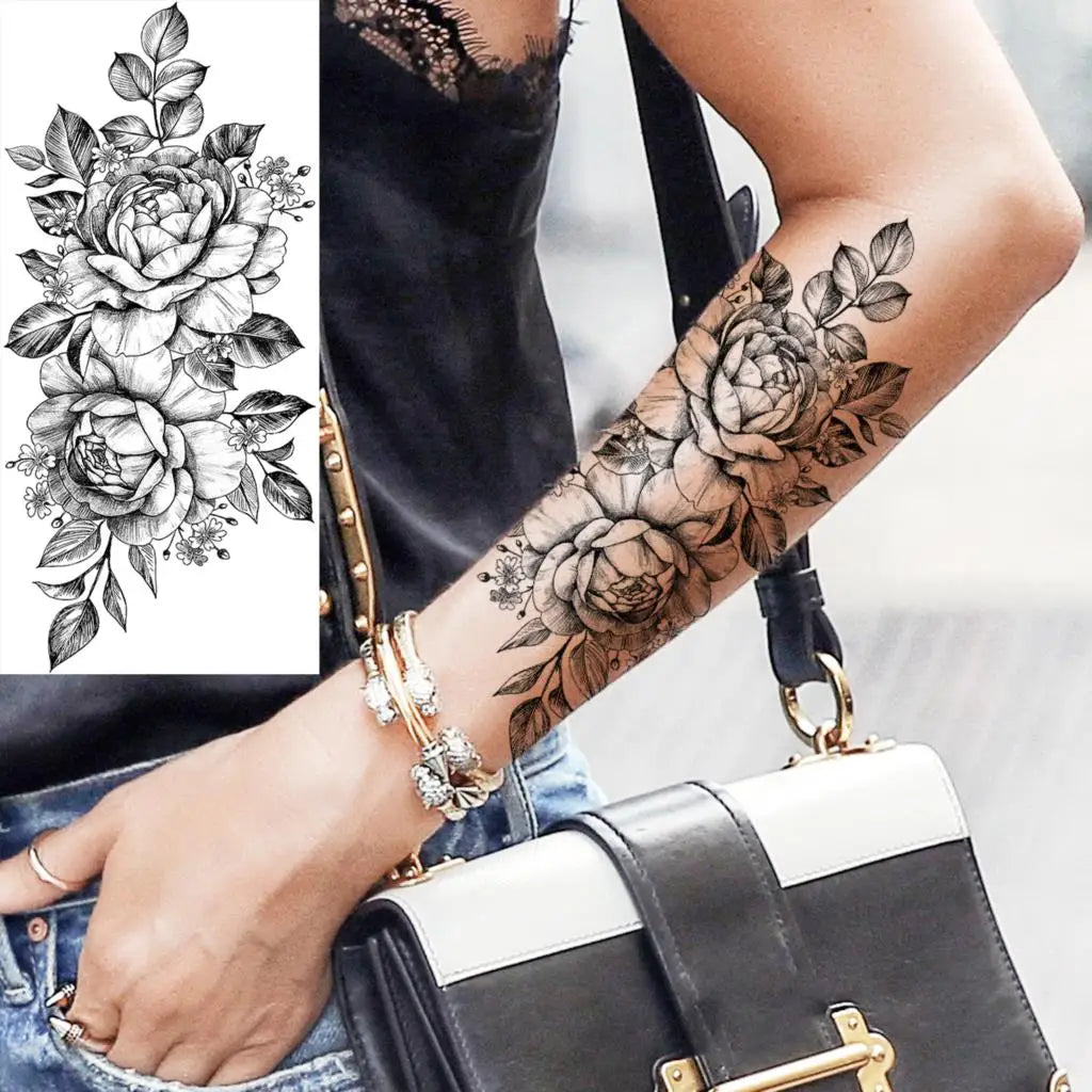 Black Realistic Rose Flower Temporary Tattoos For Women Adult Girl Peony Realistic Fake Tattoowashable Half Sleeve Tatoos Decal