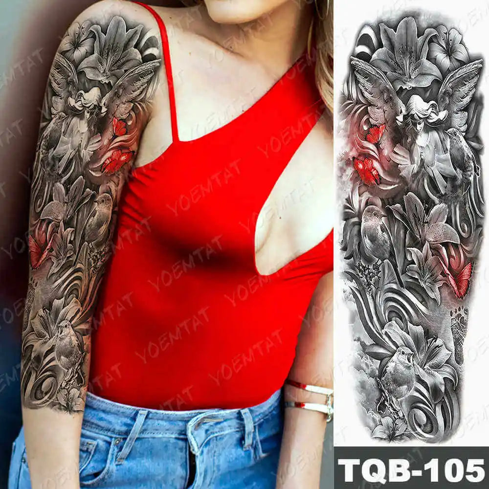 Large Arm Sleeve Tattoo Gun Rose Lion Waterproof Temporary Tattoo Sticker Clock Flower Waist Leg Body Art Full Fake Tatoo Women